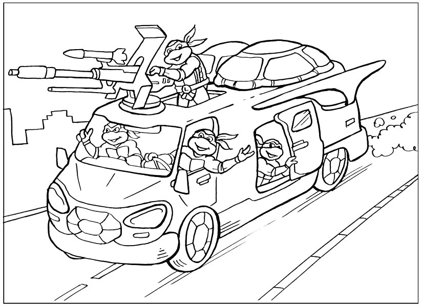 На раскраске изображено: Черепашки-ниндзя, Оружие, Супергерои, Действие, Дороги, Авто