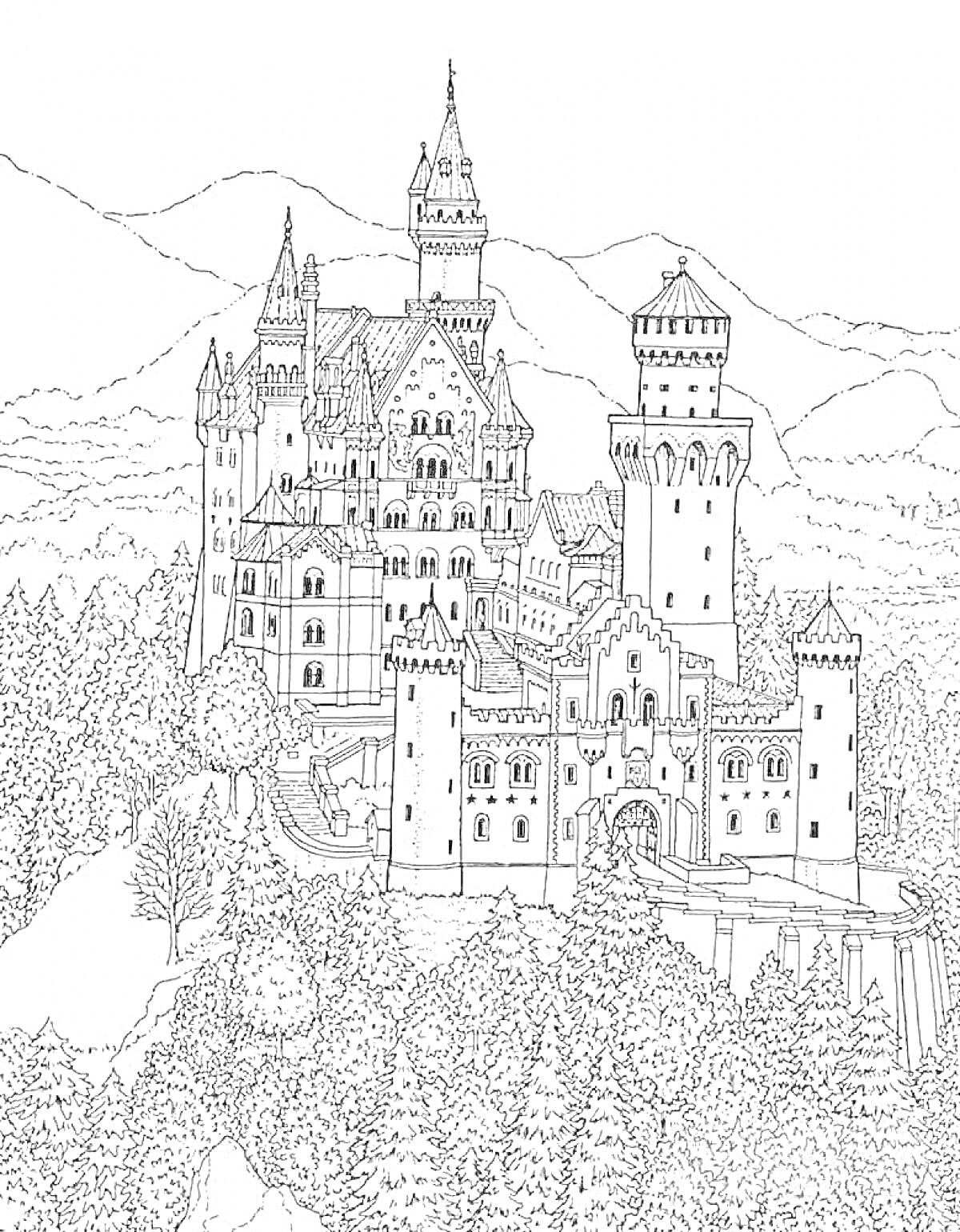 На раскраске изображено: Замок, Горы, Лес, Архитектура, Средневековье, Башни, Природа, Дворец, Стена