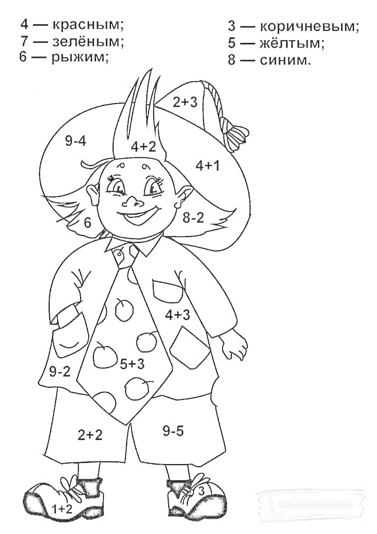 Раскраска Клоун с математическими примерами на одежде и волосах