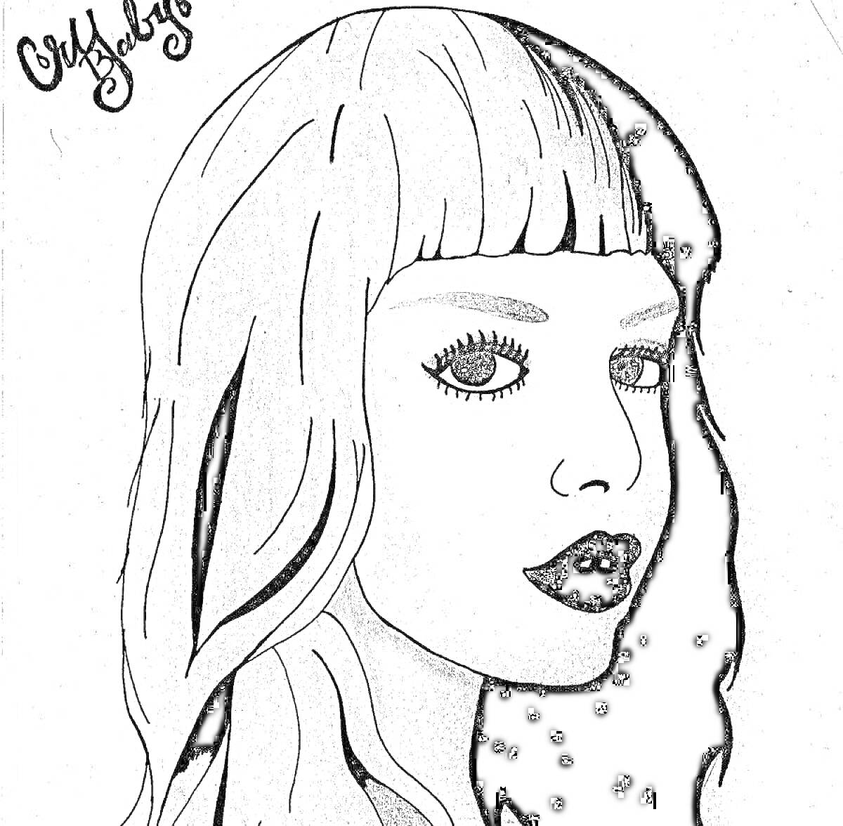 Раскраска Портрет девушки с длинными распущенными волосами и чёлкой, разделёнными на две части разного цвета
