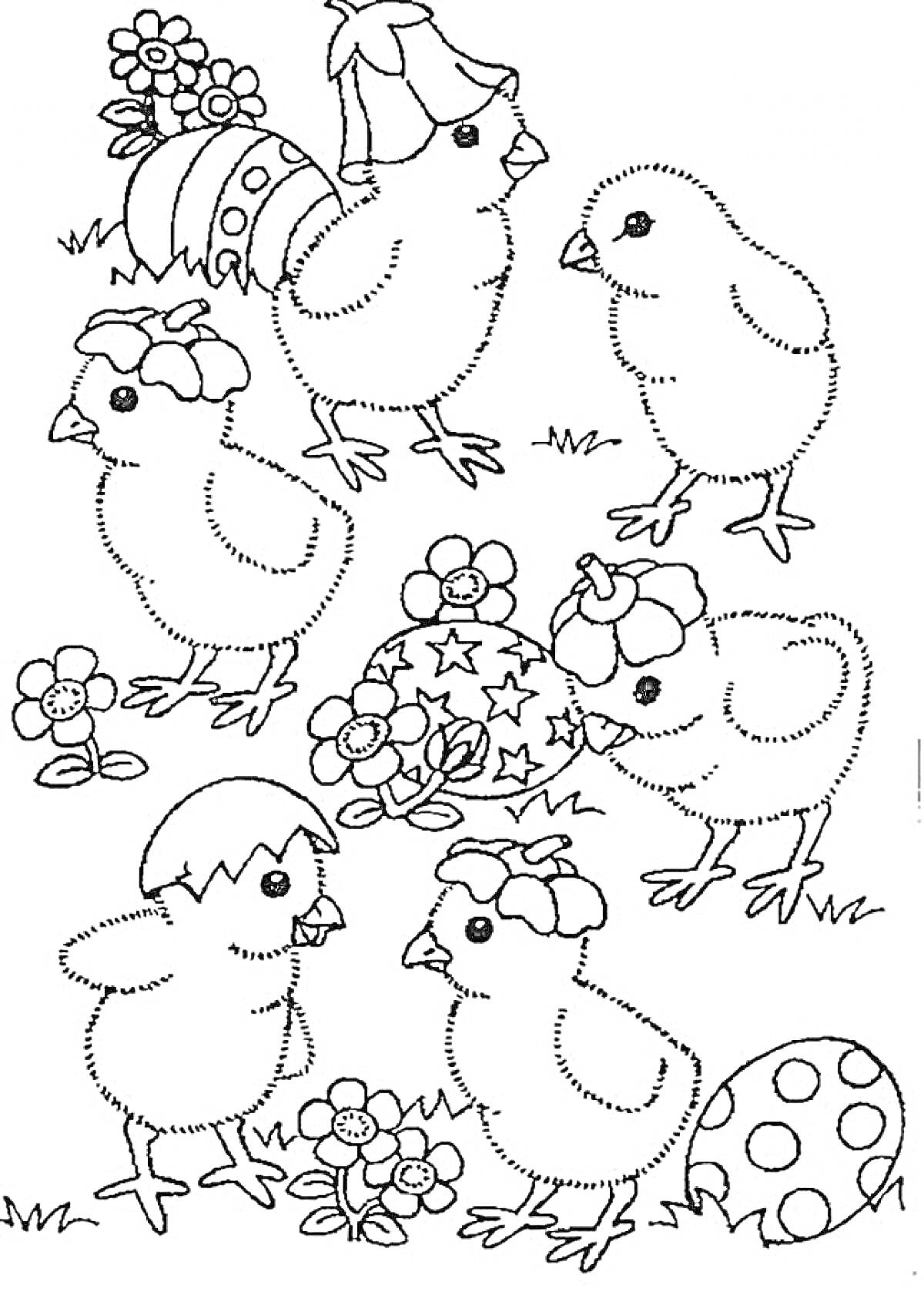 На раскраске изображено: Цветы, Трава, Шляпа, Звезды, Пасха, Пасхальные яйца, Цыплята