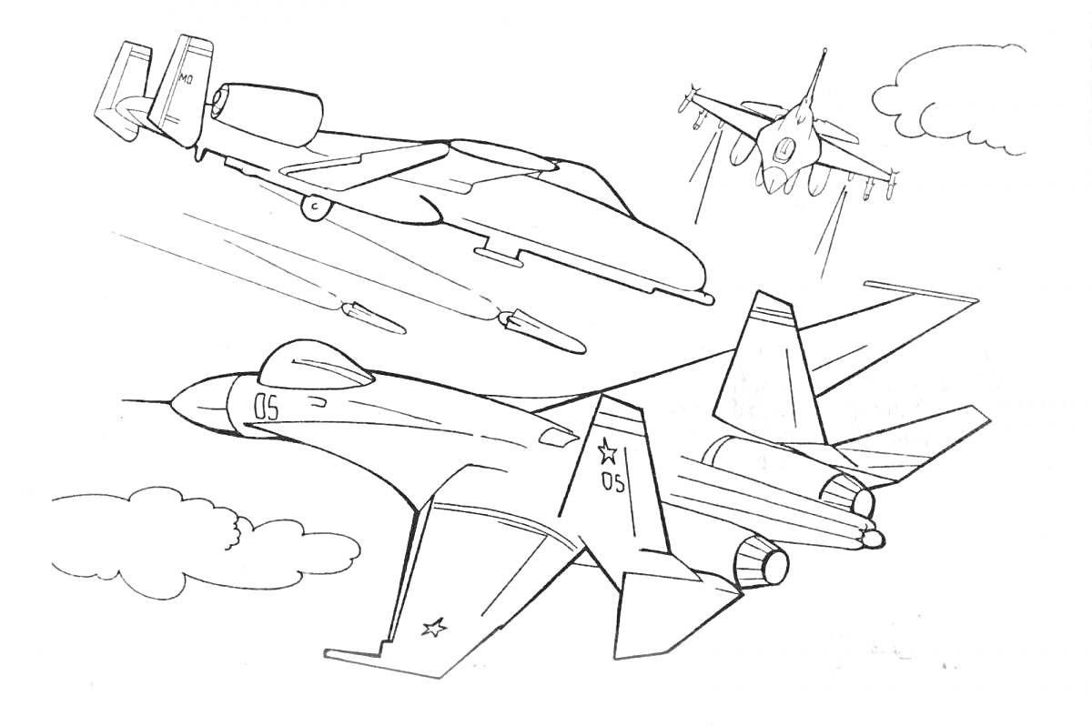 На раскраске изображено: Война, Самолеты, Облака, Небо, Авиация, Вооружённые Силы