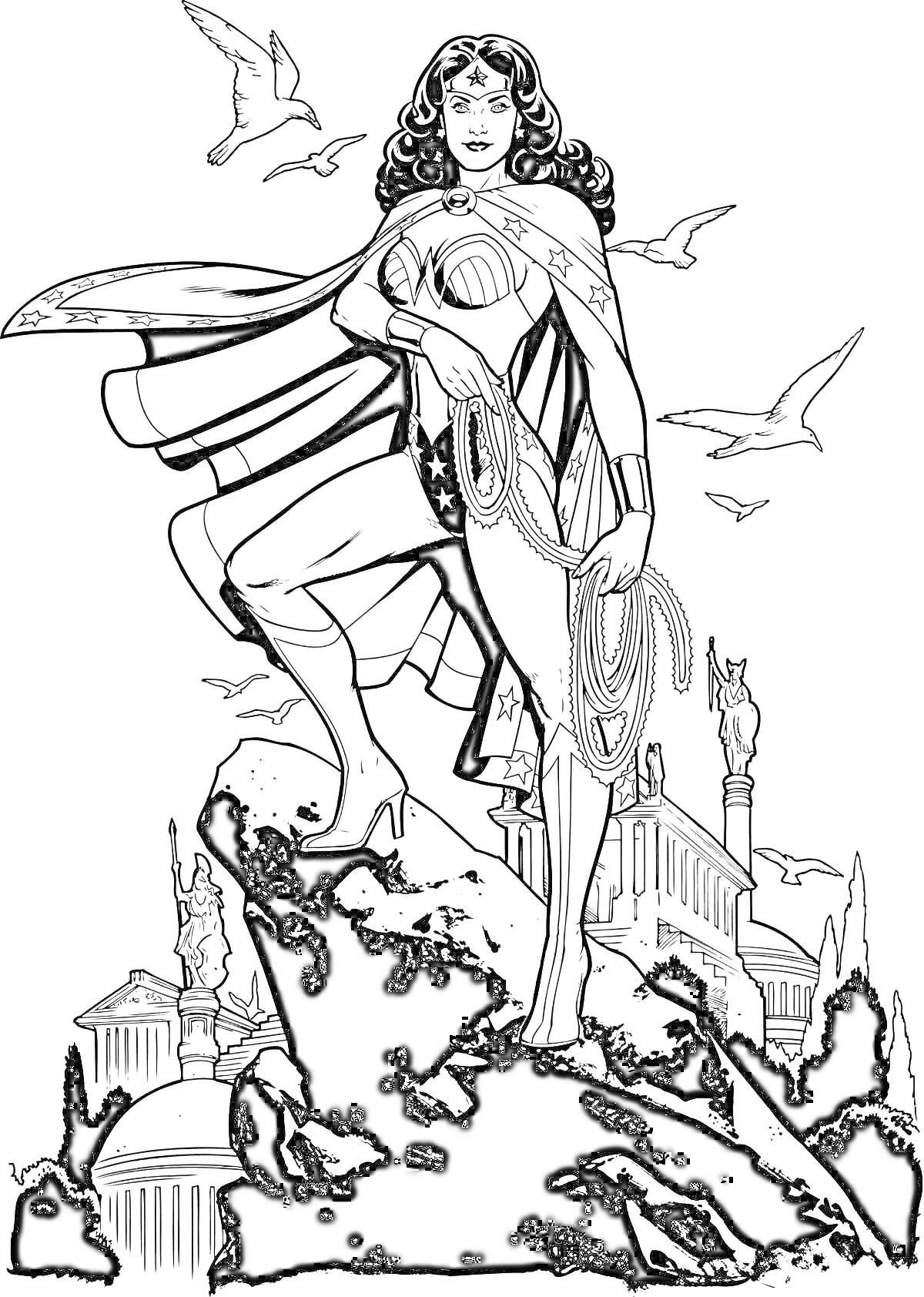 Раскраска Женщина-супергерой с лассо, стоящая на скале на фоне античных зданий, птицы в небе