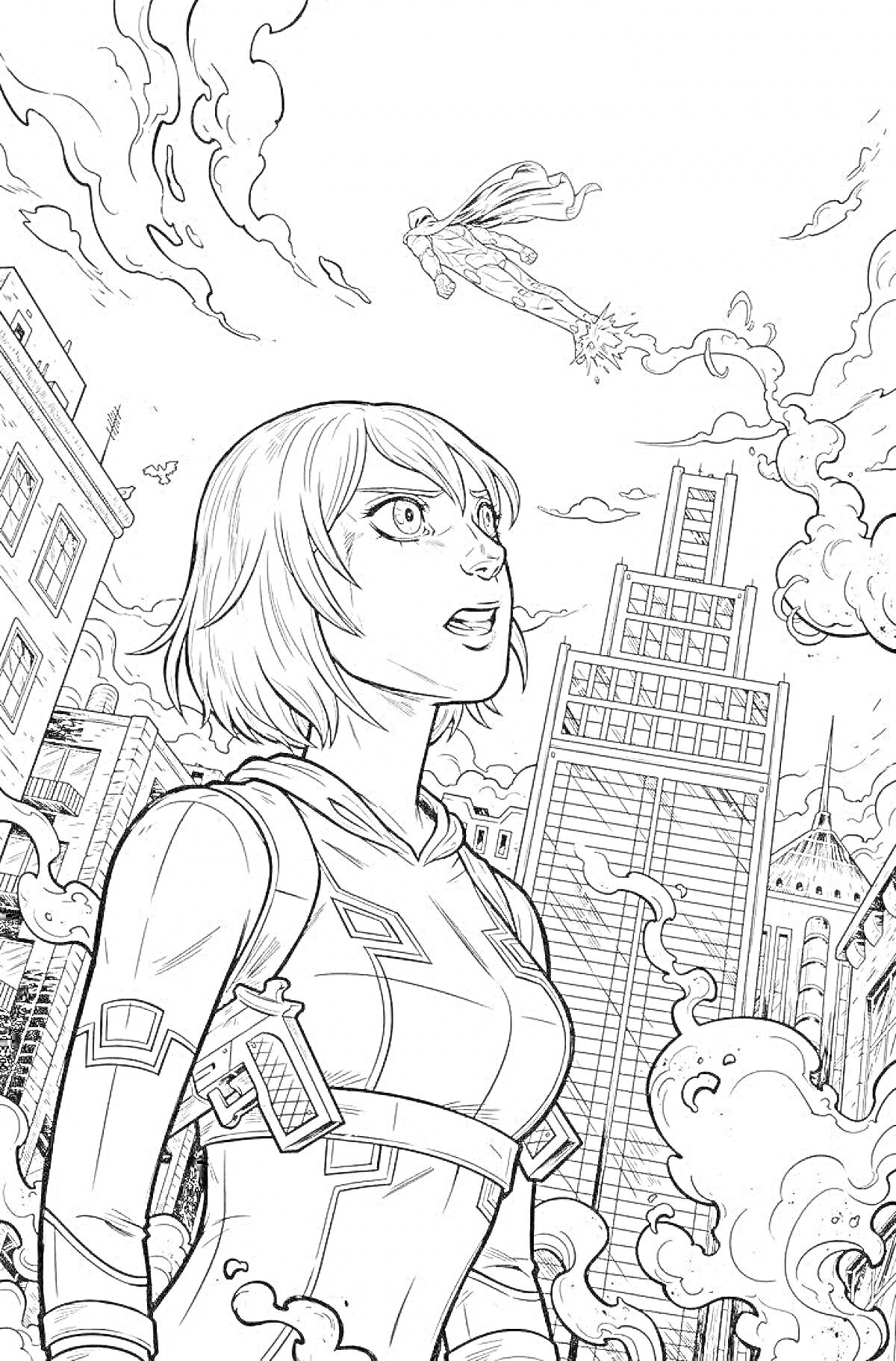 Раскраска Девушка в комбинезоне и супергерой, летающий над городом на фоне небоскребов и облаков дыма