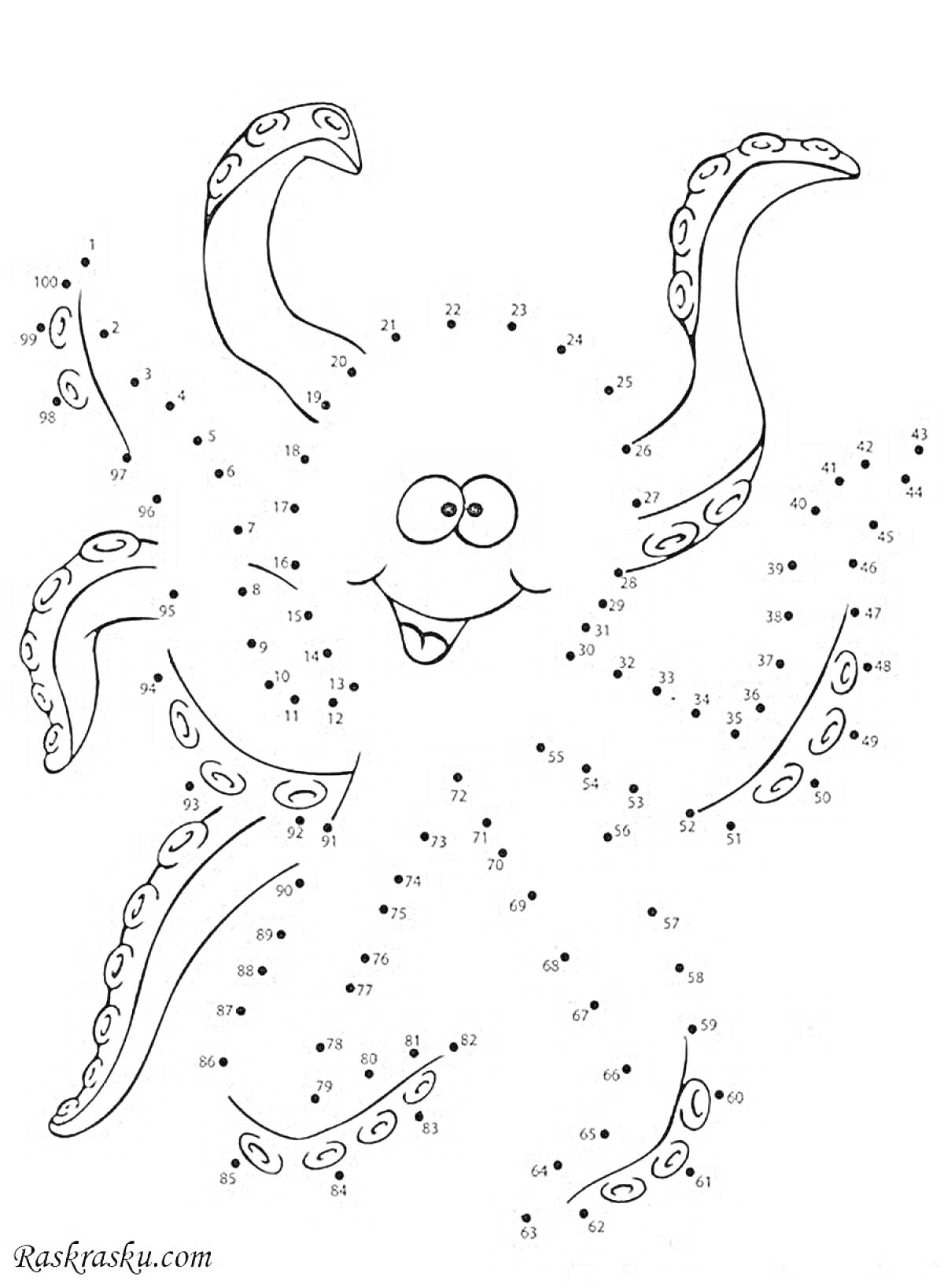 На раскраске изображено: По точкам, Для детей, Щупальца, Морские животные, 7-8 лет, Обучение