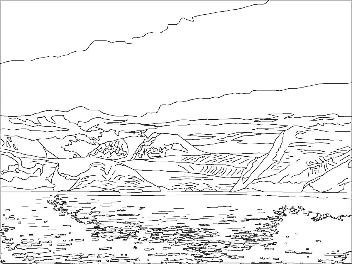 Раскраска Пейзаж у озера с горами и облачным небом