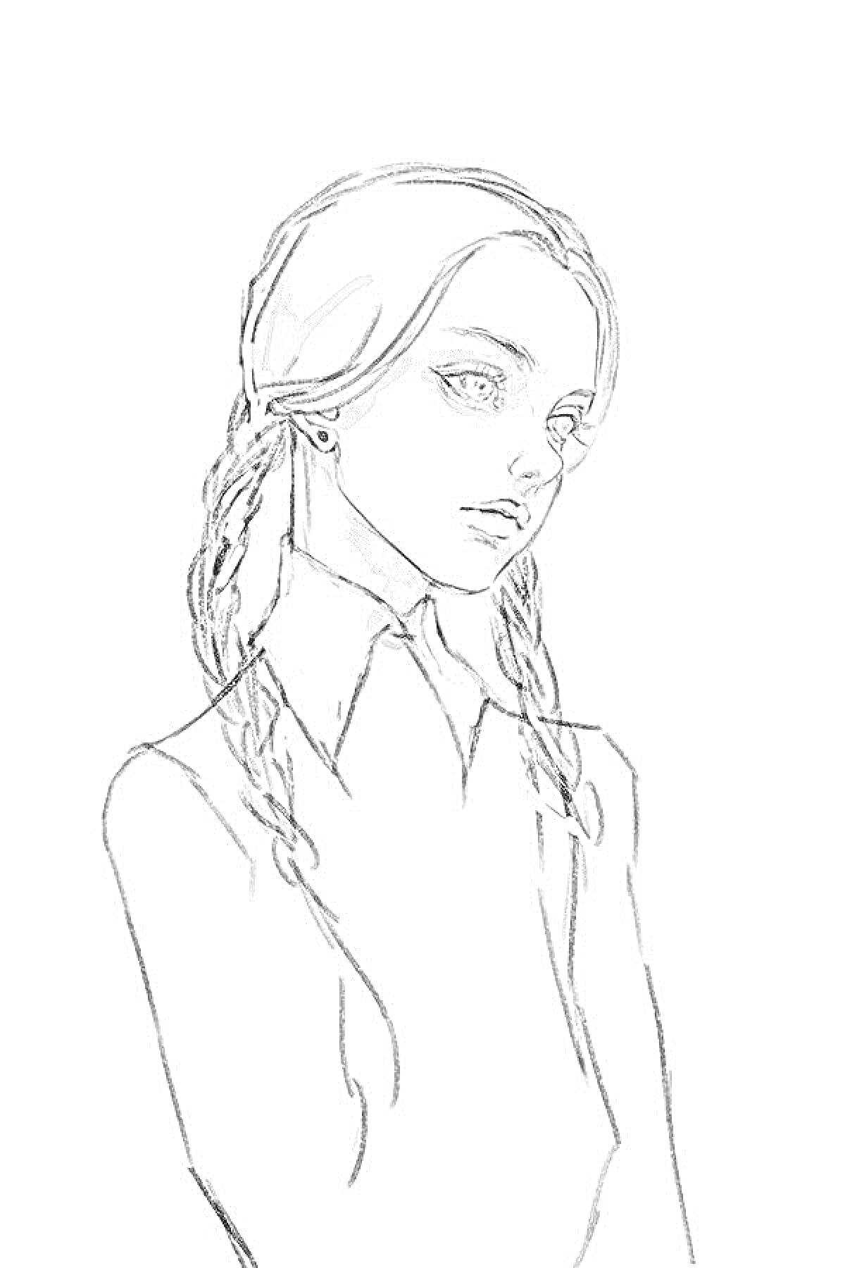 Раскраска Портрет девушки с косичками и белым воротником