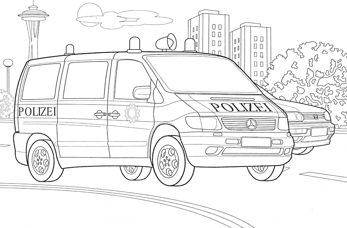 На раскраске изображено: Полицейская машина, Многоэтажки, Авто, Полиция, Транспорт, Города