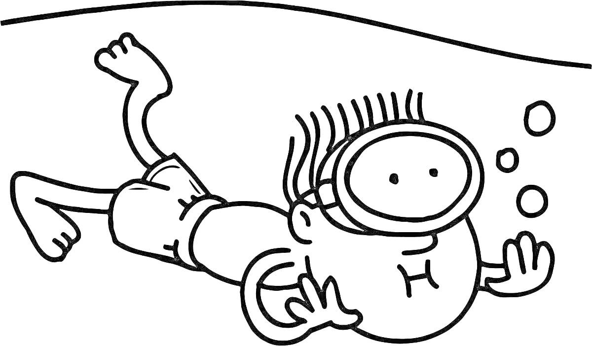 На раскраске изображено: Пловец, Маска, Трубка, Под водой, Плавание, Пузыри, Шорты