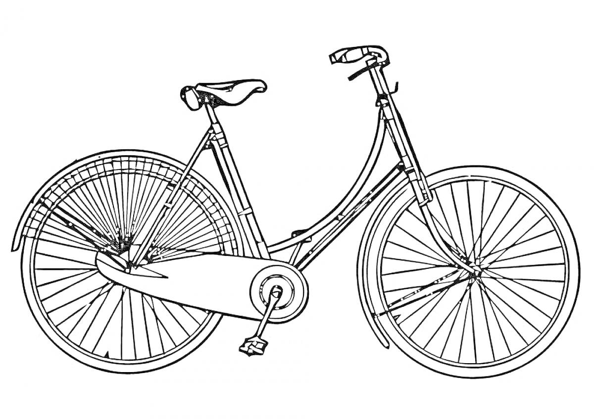 На раскраске изображено: Велосипед, Педали, Руль, Седло, Шины, Спицы