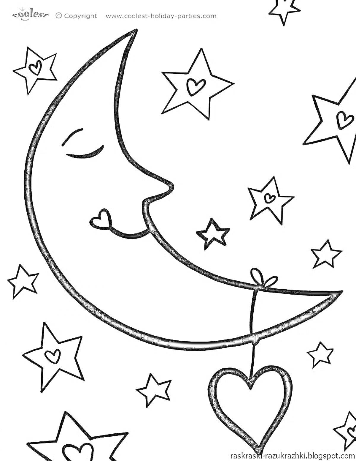 Раскраска Полумесяц с сердечками на фоне звезд