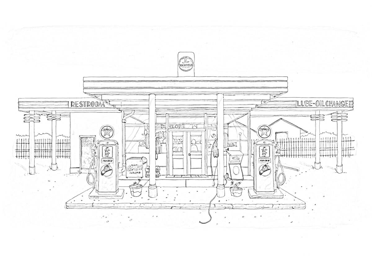 автозаправочная станция с бензоколонками, зданием и вывесками