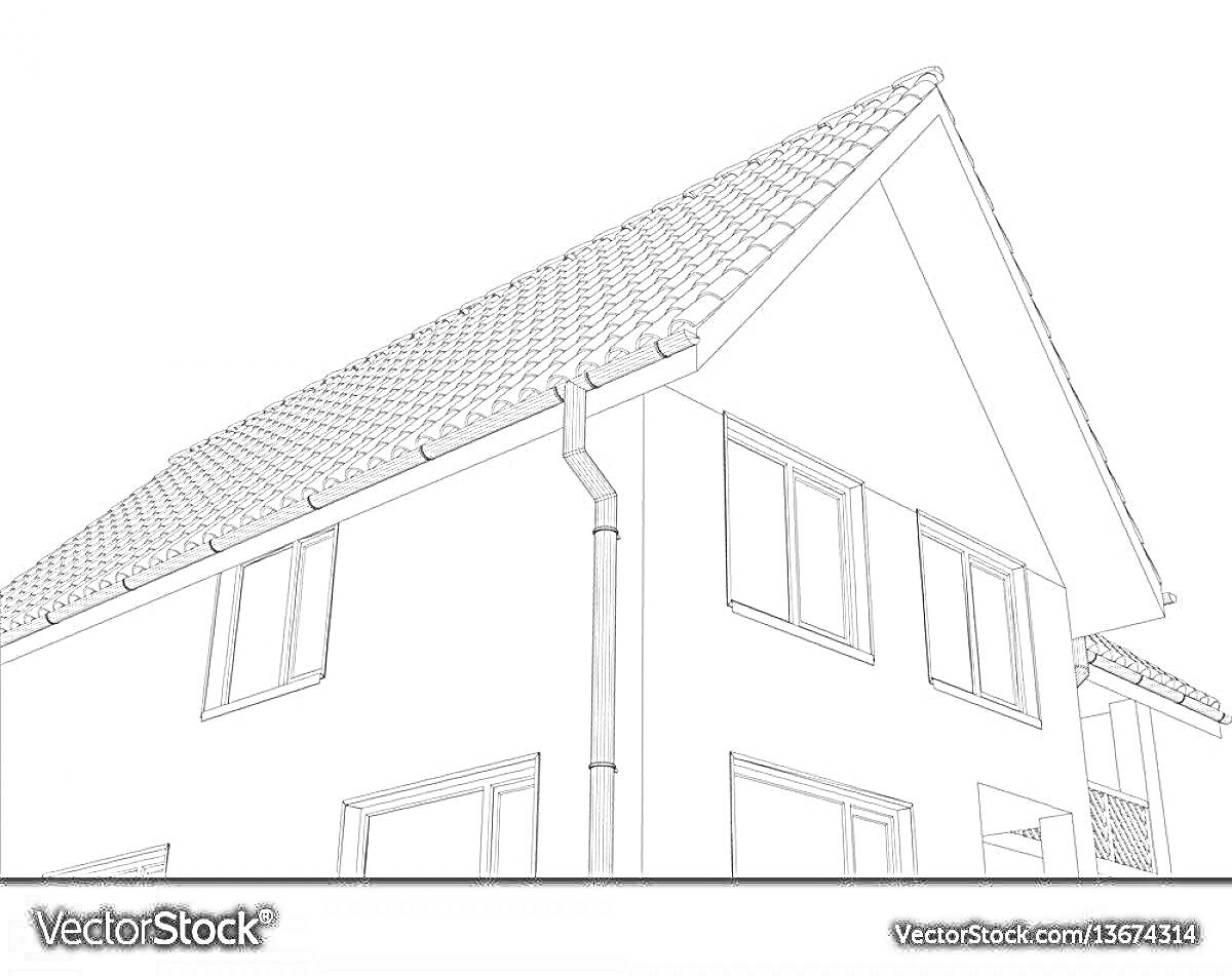 Раскраска Дом с черепичной крышей, водосточной трубой и окнами