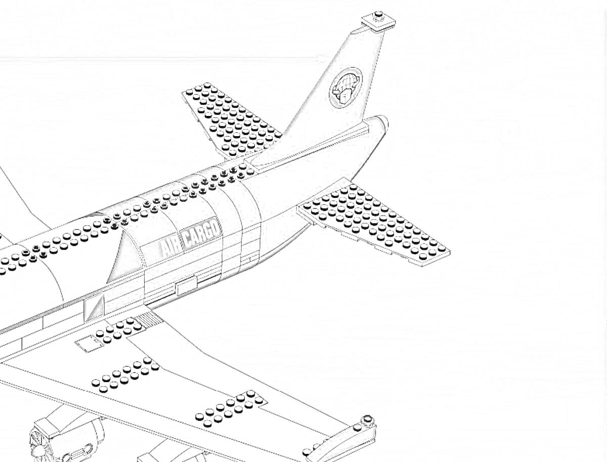 Раскраска Лего самолёт, воздушный грузовой самолёт, крыша и хвостовое оперение, фон небо