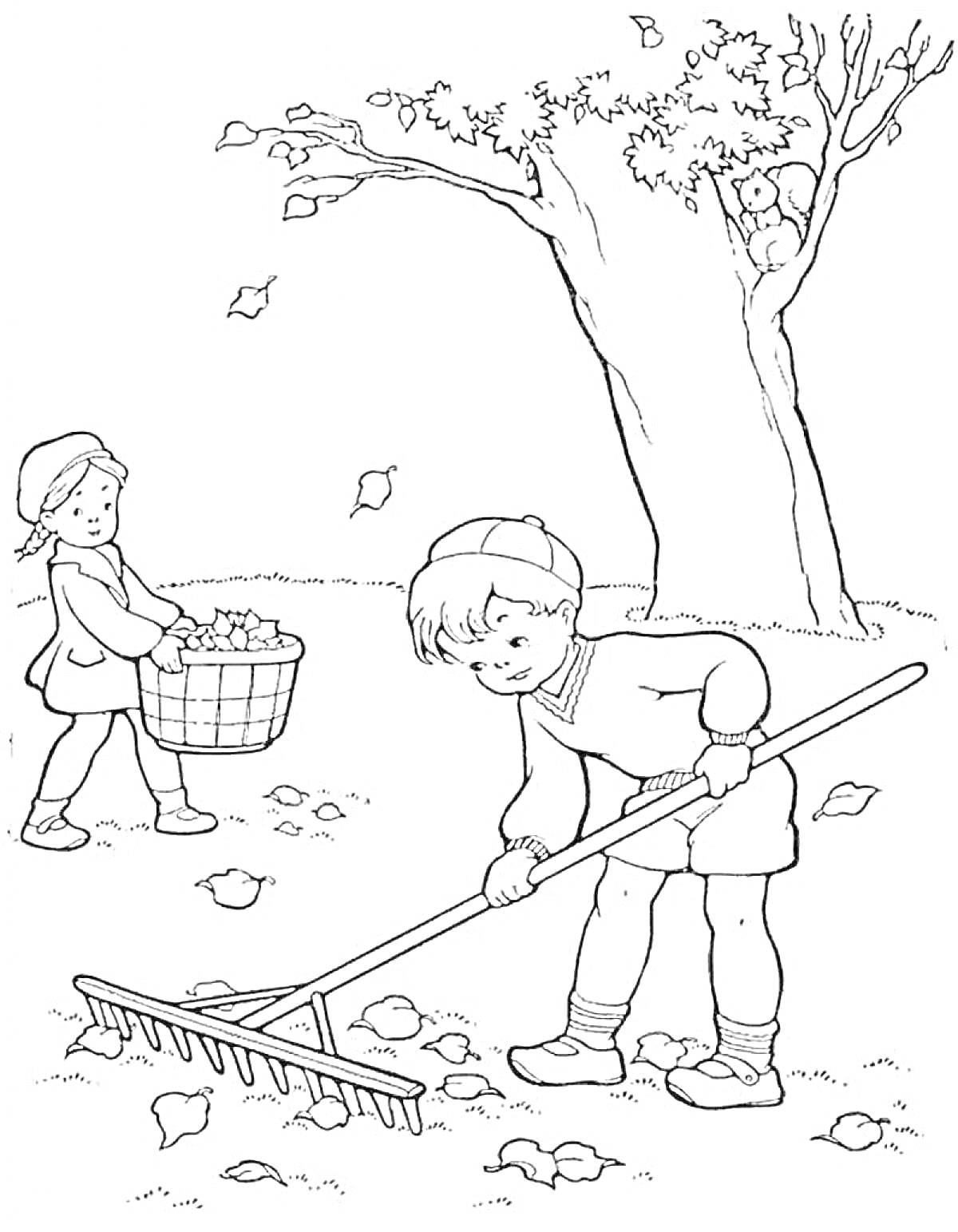 На раскраске изображено: Уборка, Мальчик, Девочка, Грабли, Корзина, Осень, Листья