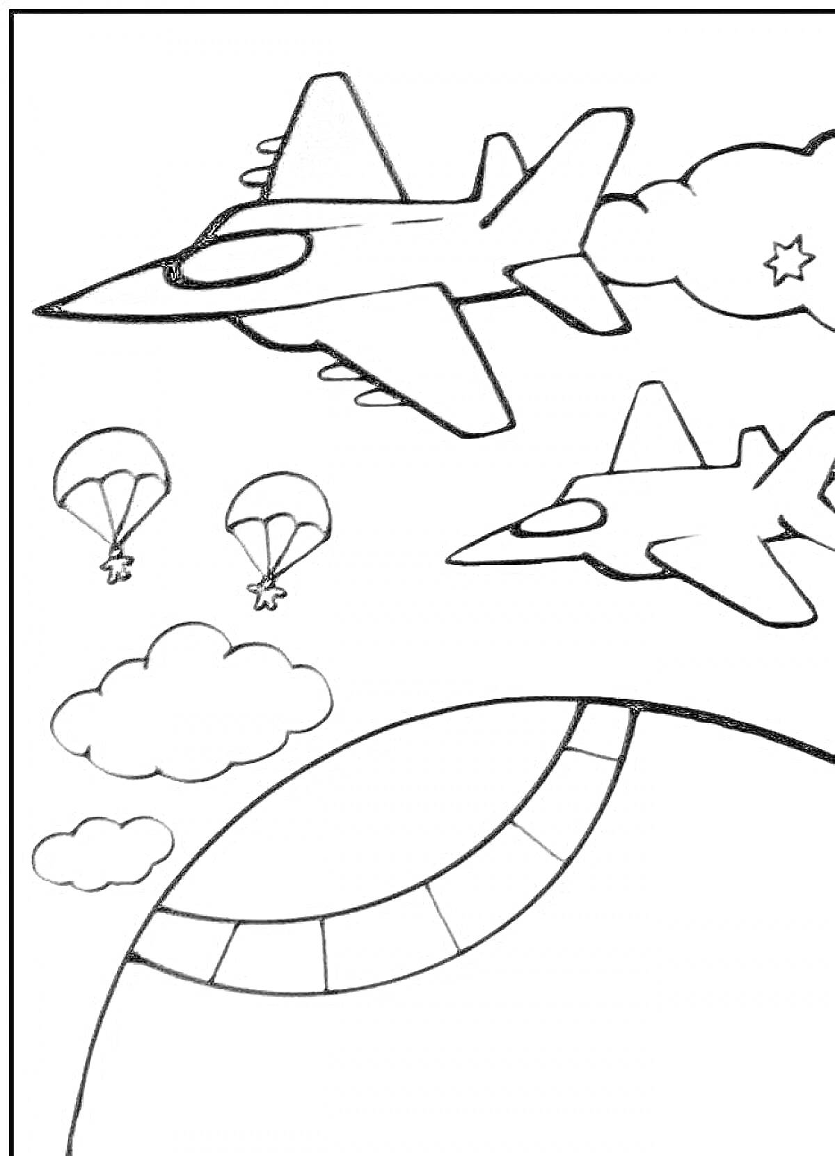 Самолеты-истребители с парашютистами и облаками