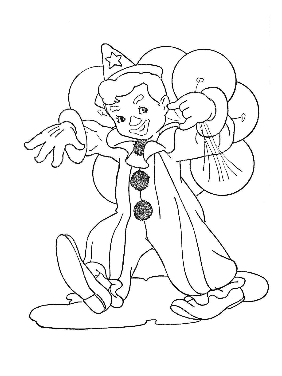 Раскраска Клоун в колпаке со звездой, стоящий на земле, с воздушными шарами за спиной