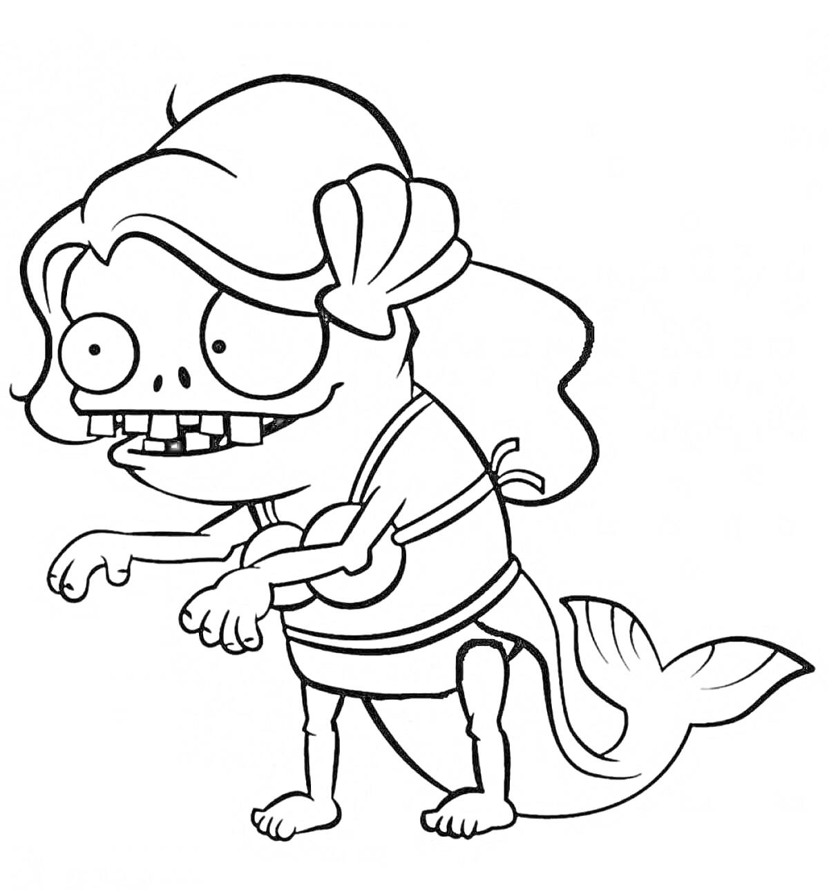 Раскраска зомби-русалка с длинными волосами и рубашкой