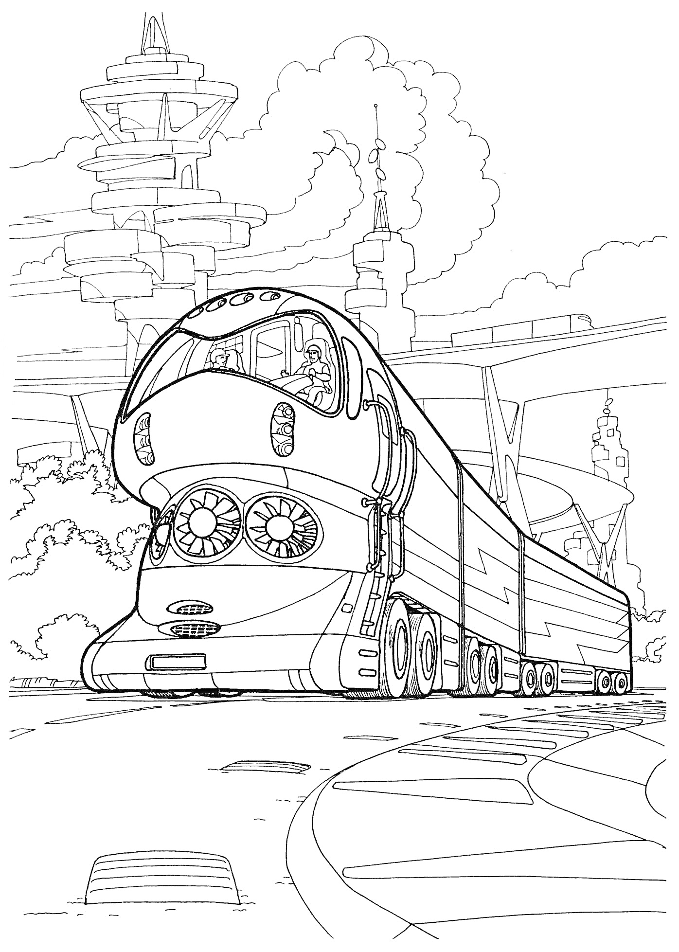 На раскраске изображено: Поезд, Будущее, Футуристический город, Рельсы, Здания, Облака, Колеса, Дороги