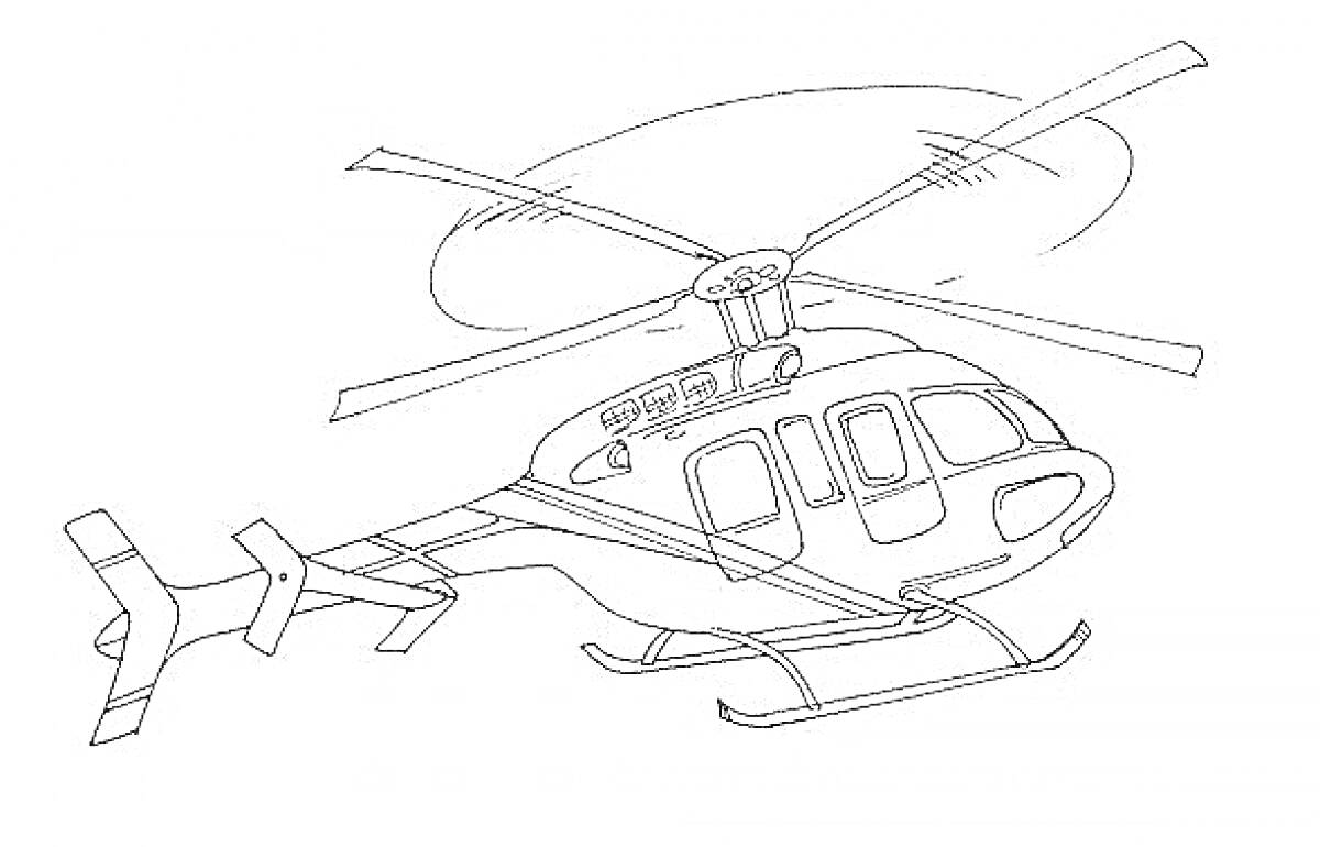 Раскраска Полицейский вертолет в полете с деталями фюзеляжа, лопастями и шасси