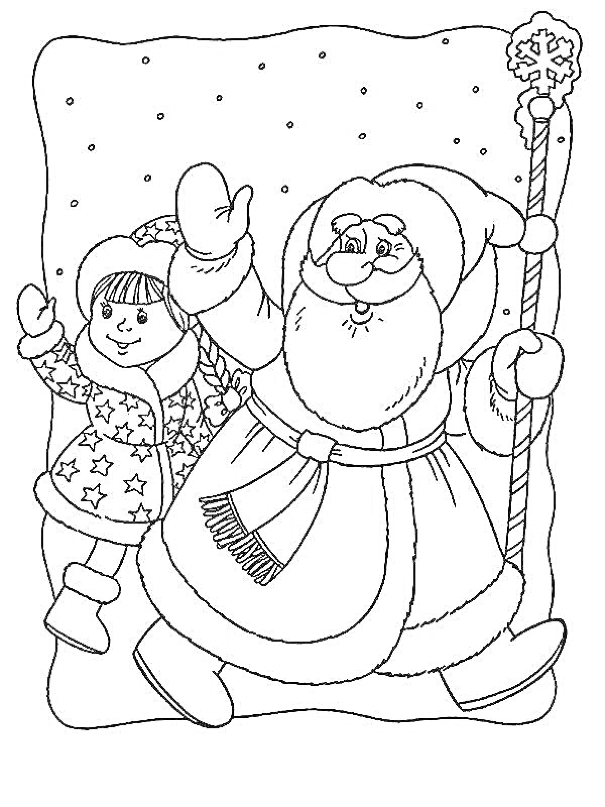 На раскраске изображено: Дед Мороз, Снегурочка, Зима, Снег, Снежинки, Новый год, Для детей, Новогодние персонажи, Праздники