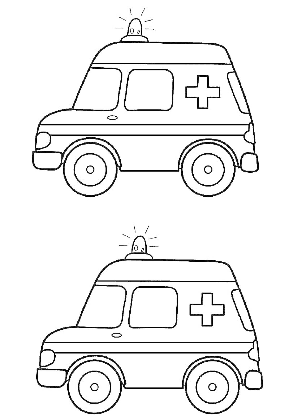 На раскраске изображено: Скорая помощь, Мигалки, Красный крест, Транспорт, Помощь, Медицина