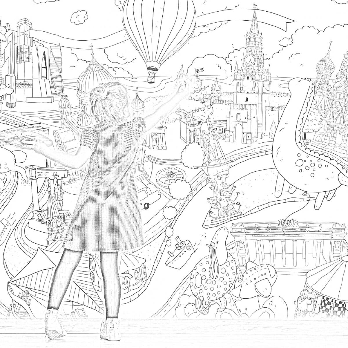 Раскраска Гигантская раскраска с воздушным шаром, башнями, динозавром, рекой и лодками, городскими постройками