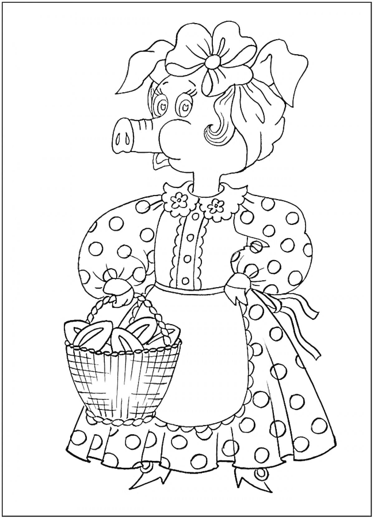 Раскраска Свинья в платье с корзиной, повязанная бантом, в чепчике и с фартуком