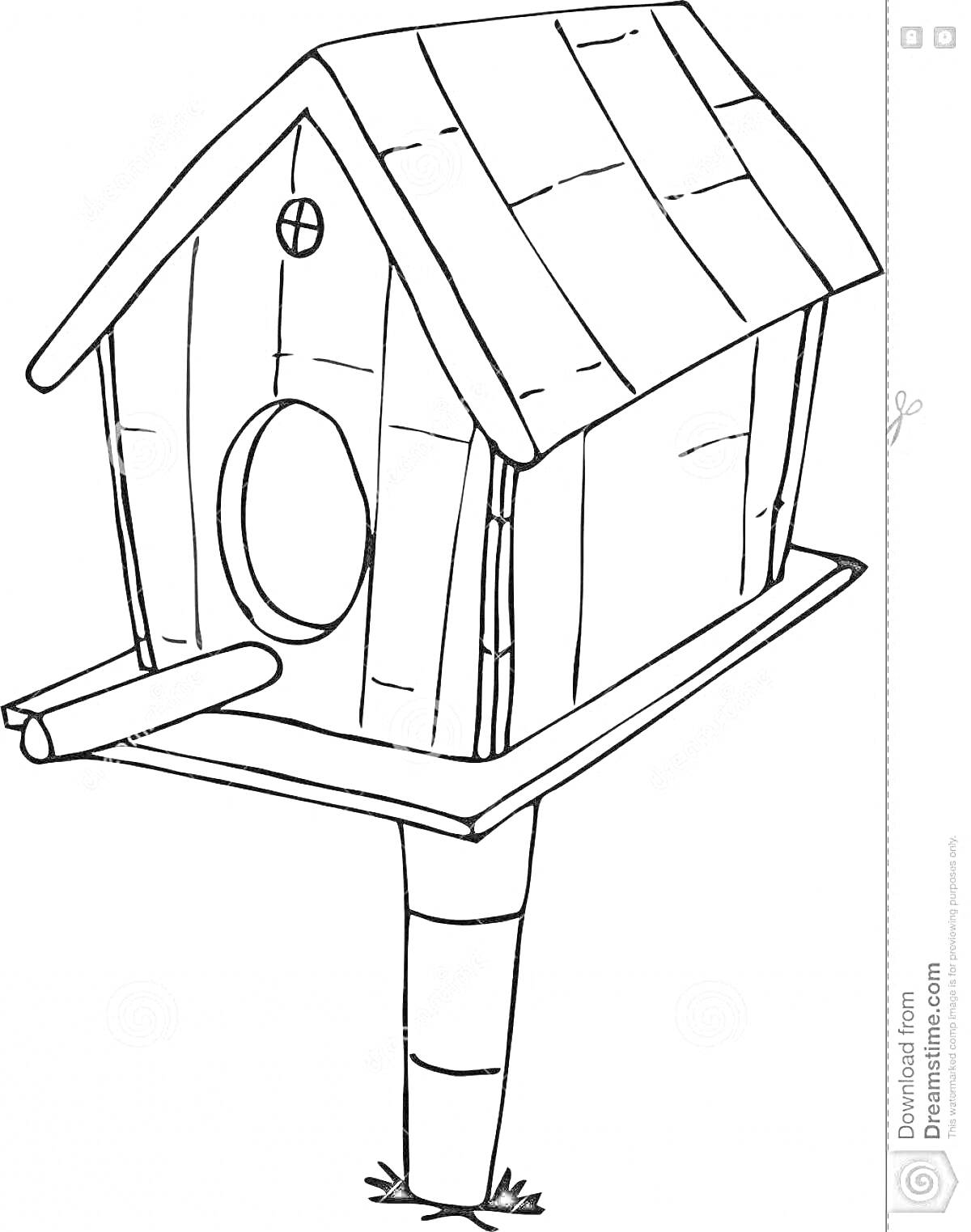 Раскраска Кормушка-домик для птиц на столбике