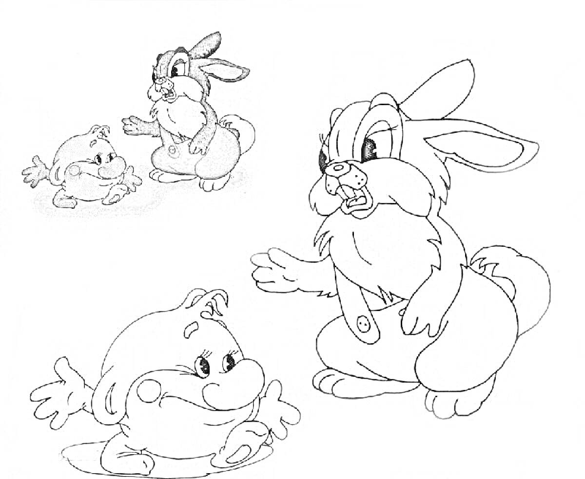 Раскраска Три мультяшных кролика: с игрушкой, стоящий с поднятой рукой, и бегущий