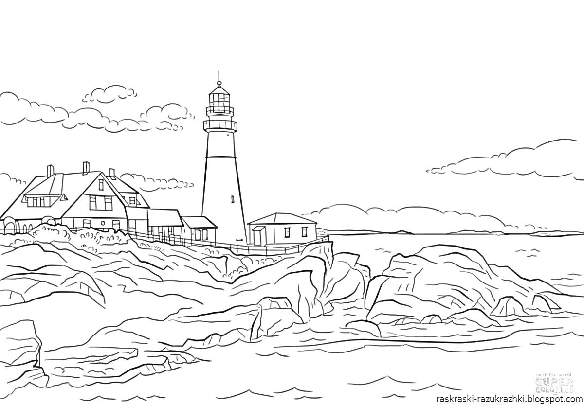 Раскраска Маяк на скалистом берегу с домами под облачным небом
