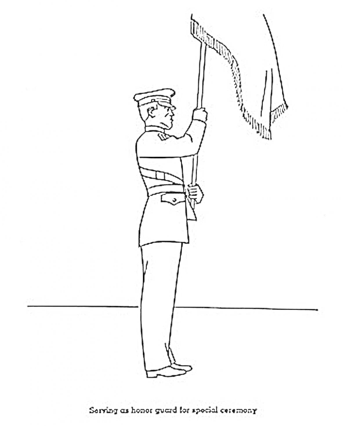 На раскраске изображено: Солдат, Пост, Флаг, Церемония, Честь, Охрана, Военная форма, Старшая группа