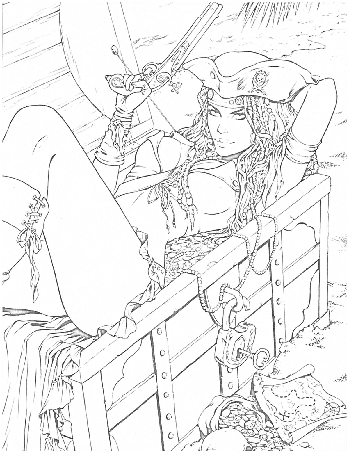 Раскраска Пиратка, лежащая в сундуке с сокровищами, с пистолетом в руке