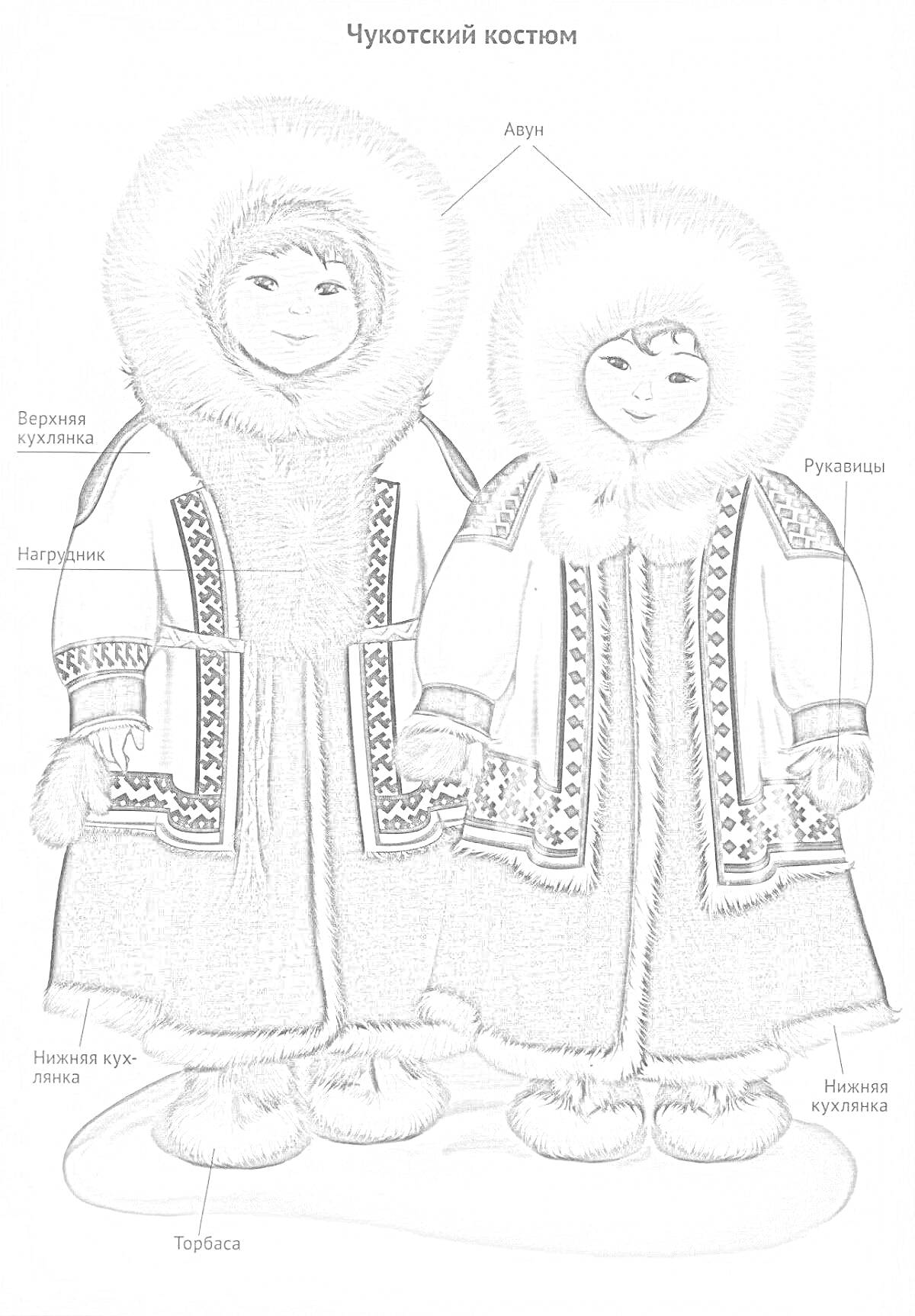 Раскраска Чукотский костюм. На изображении представлены мужчина и женщина в традиционных чукотских зимних нарядах. Мужчина носит верхнюю кухлянку, шапку-анут, нагавицы, нижнюю кухлянку-панту и торбаса. Женщина в верхней кухлянке, шапке-анут, рукавицах, нижней кухля