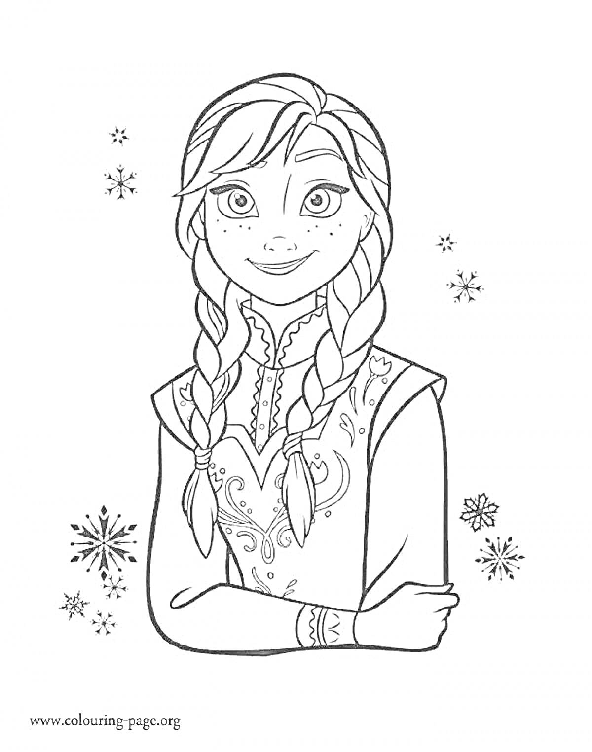 Раскраска Девушка с косами и снежинками