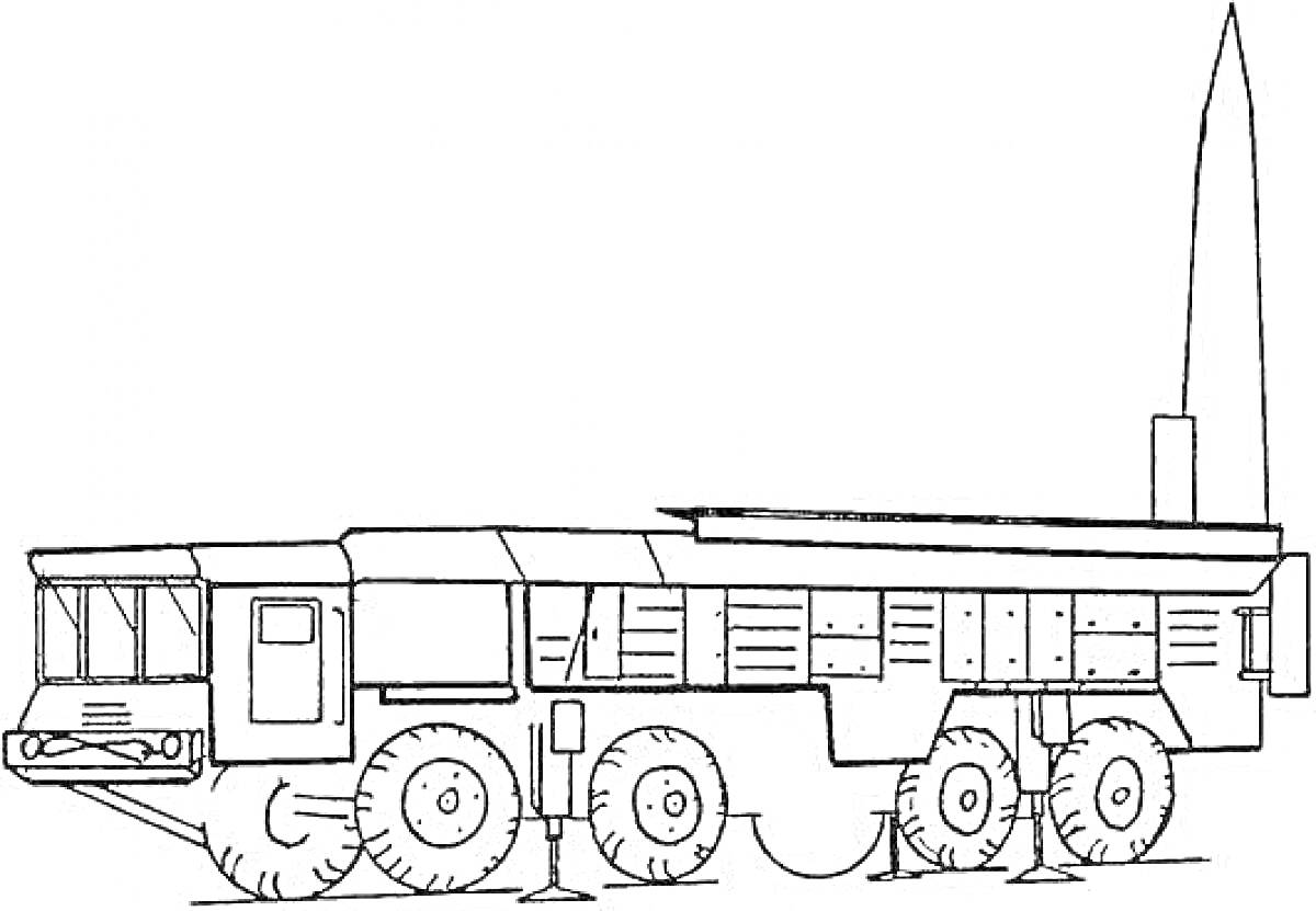 Раскраска ракетная установка Тополь-М с ракетой и колесной базой
