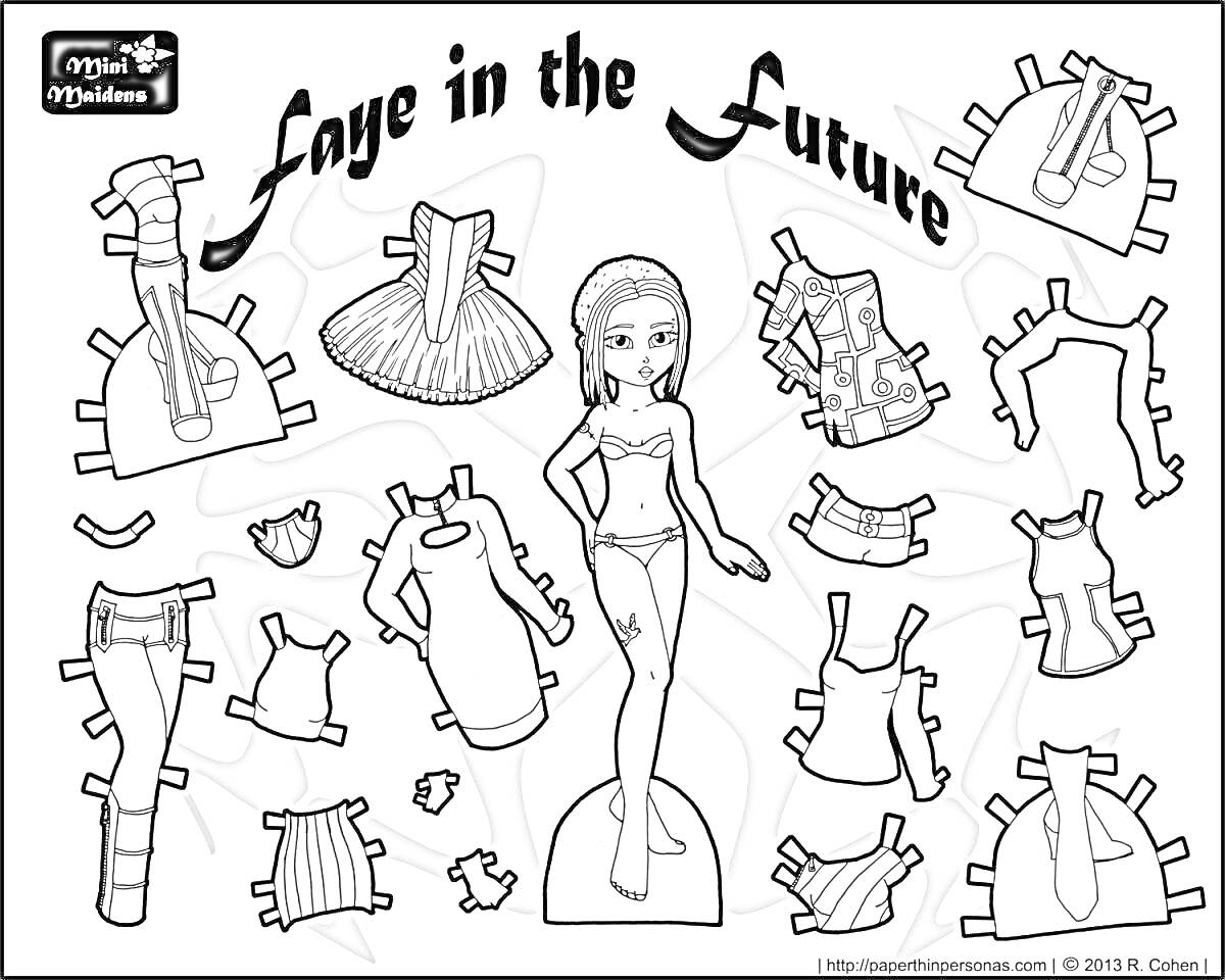 Раскраска Девочка с одеждой: платье, юбка, майка, халат, ботинки, пояс