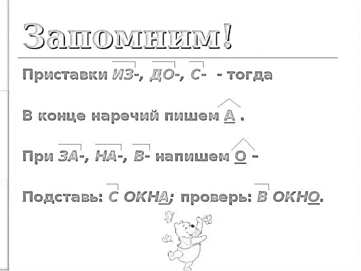 На раскраске изображено: Наречия, Приставки, Правила, Орфография, Русский язык, Учебное пособие