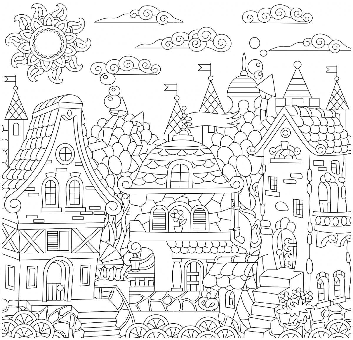 На раскраске изображено: Сказочный город, Деревья, Облака, Солнце, Башенки, Окна