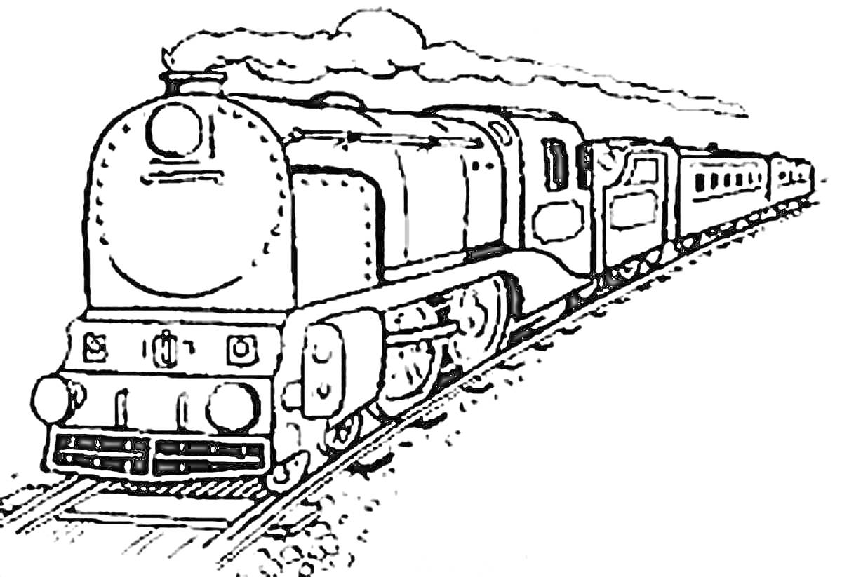 На раскраске изображено: Паровоз, Поезд, Вагоны, Железная дорога, Облака, Транспорт, Пар, Рельсы
