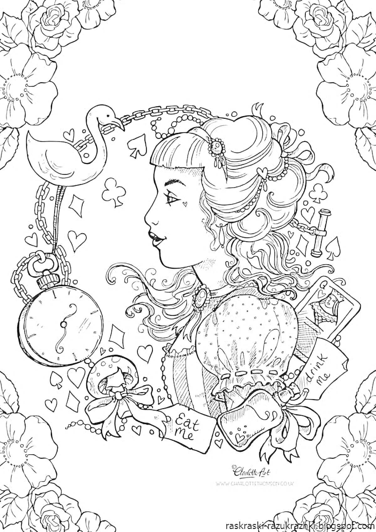 На раскраске изображено: Алиса, Страна чудес, Девочка, Фламинго, Часы, Цветы