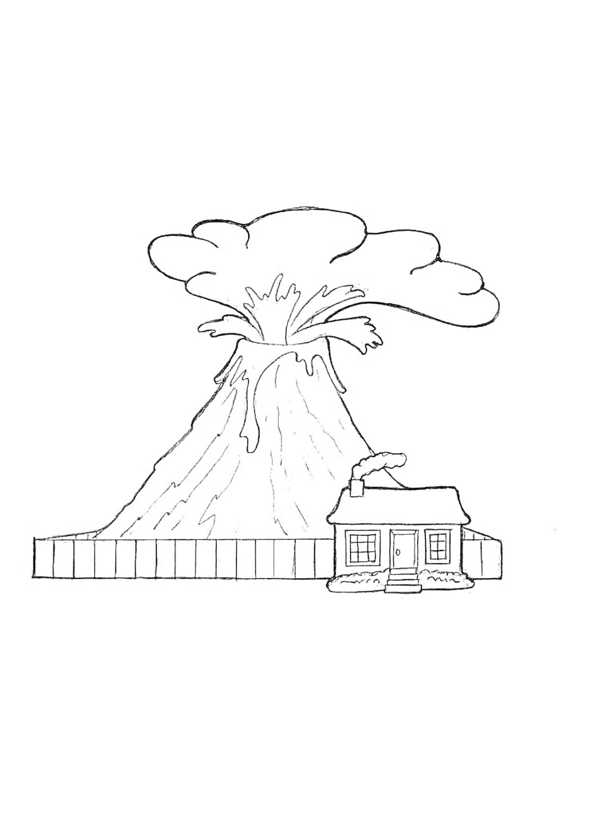 На раскраске изображено: Вулкан, Извержение, Дом, Дым