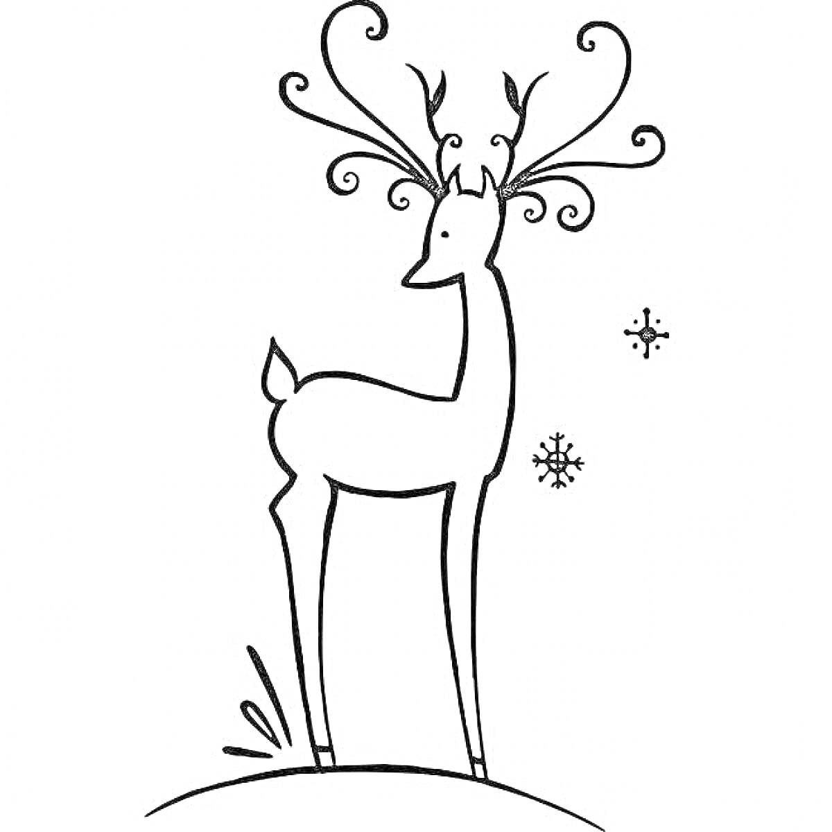Раскраска Олень с серебряным копытцем на холме со снежинкой и звездой