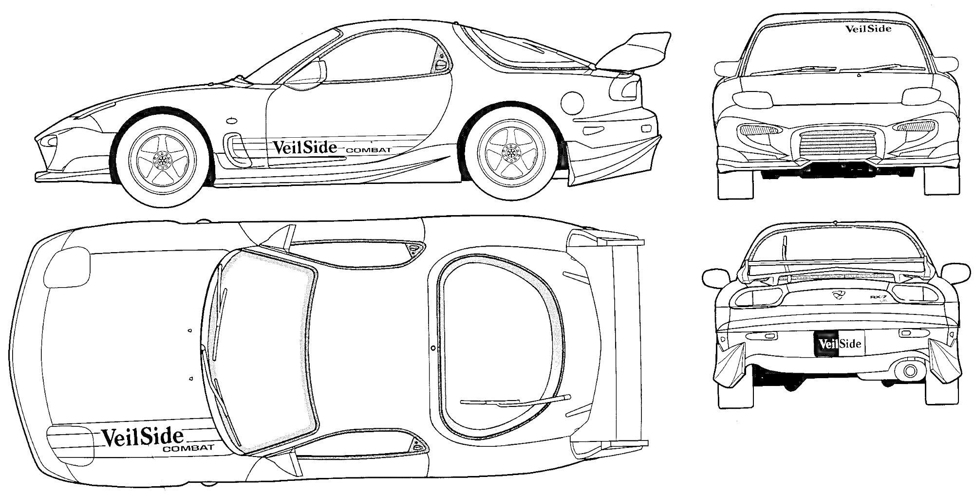 Раскраска Вид сбоку, спереди, сзади и сверху на Mazda RX-7 с аэродинамическим обвесом VeilSide, включая спойлер и спец. наклейки.