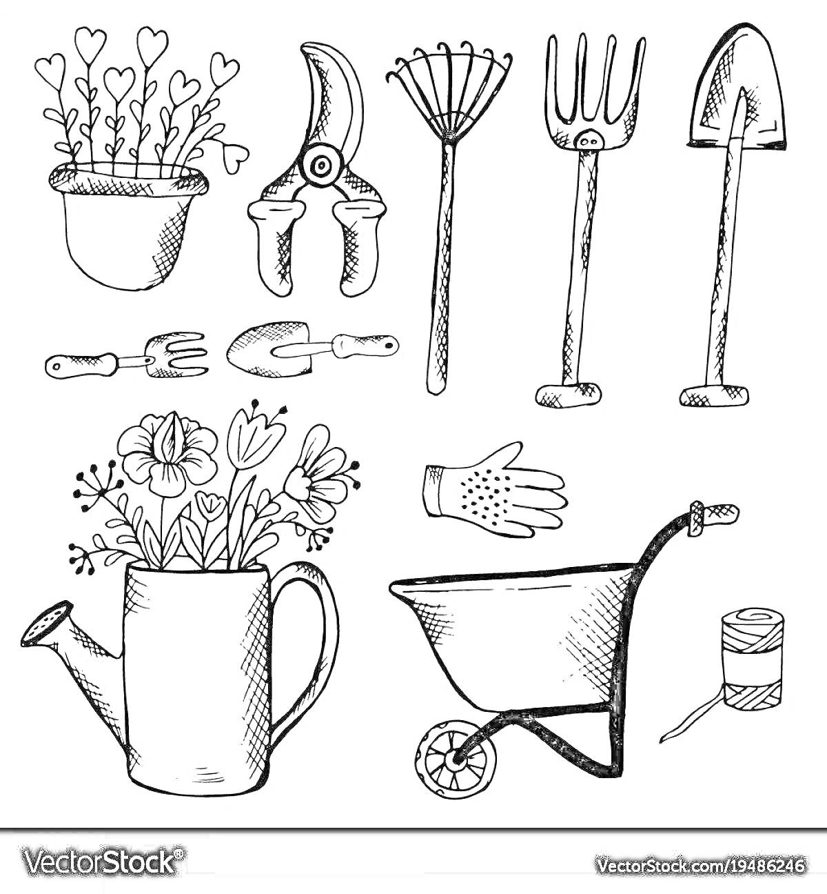 Раскраска горшок с растением, секатор, грабли, вилка для почвы, лопата, маленькие совок и вилка для посадки, цветы в лейке, садовая перчатка, тачка, веревка
