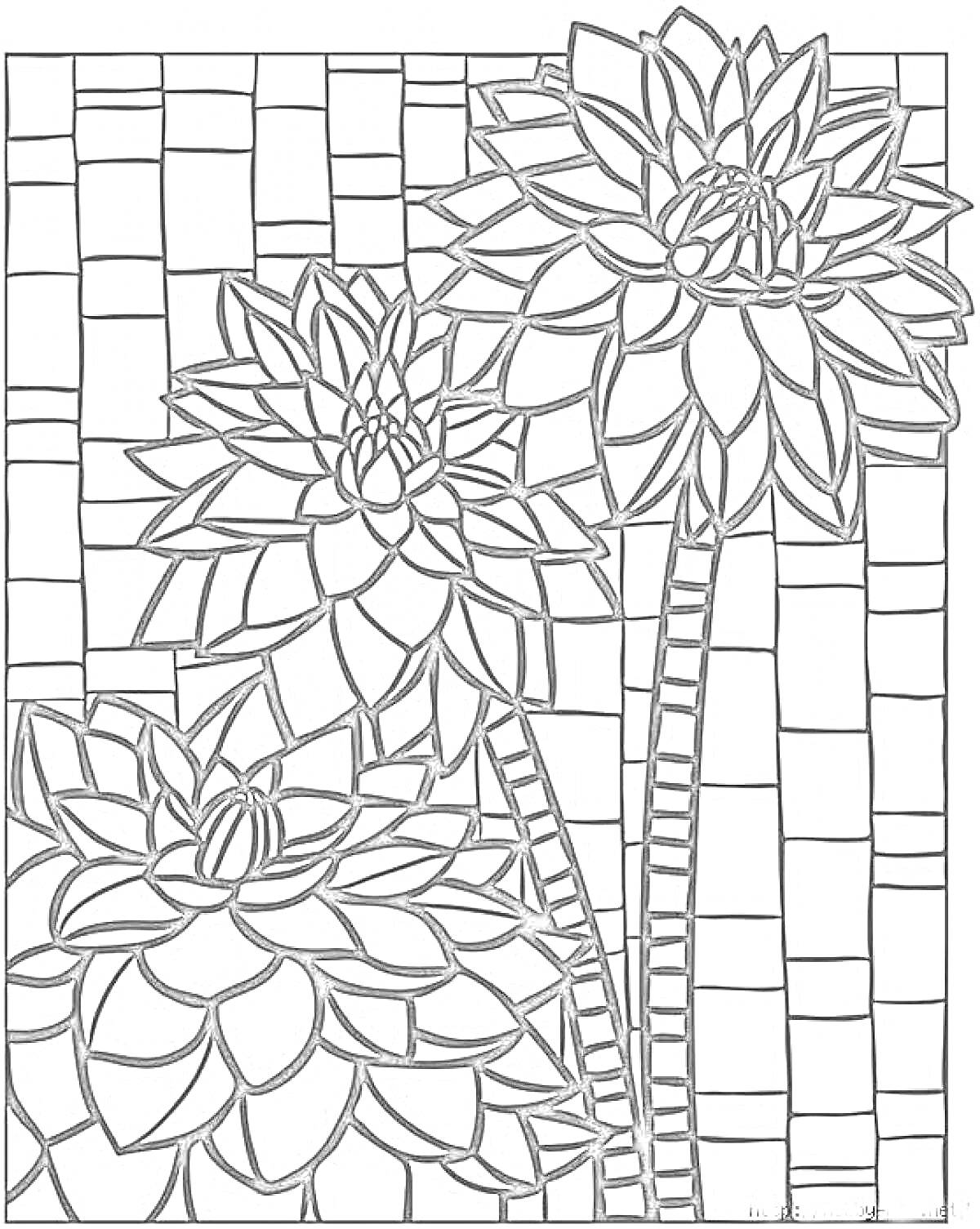 На раскраске изображено: Мозаика, Цветы, Три цветка, Квадраты, Прямоугольники, Контурное изображение