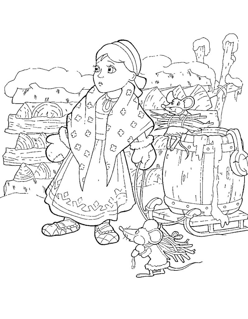 Раскраска Девочка в зимней одежде, два мышонка с листьями на деревянной бочке, фон с дровами и снегом