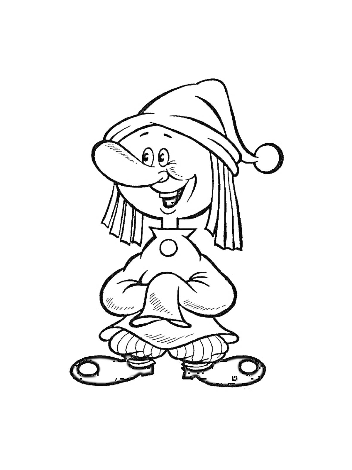 Раскраска Петрушка в шапке с кисточкой, с улыбкой и руками, сложенными на груди