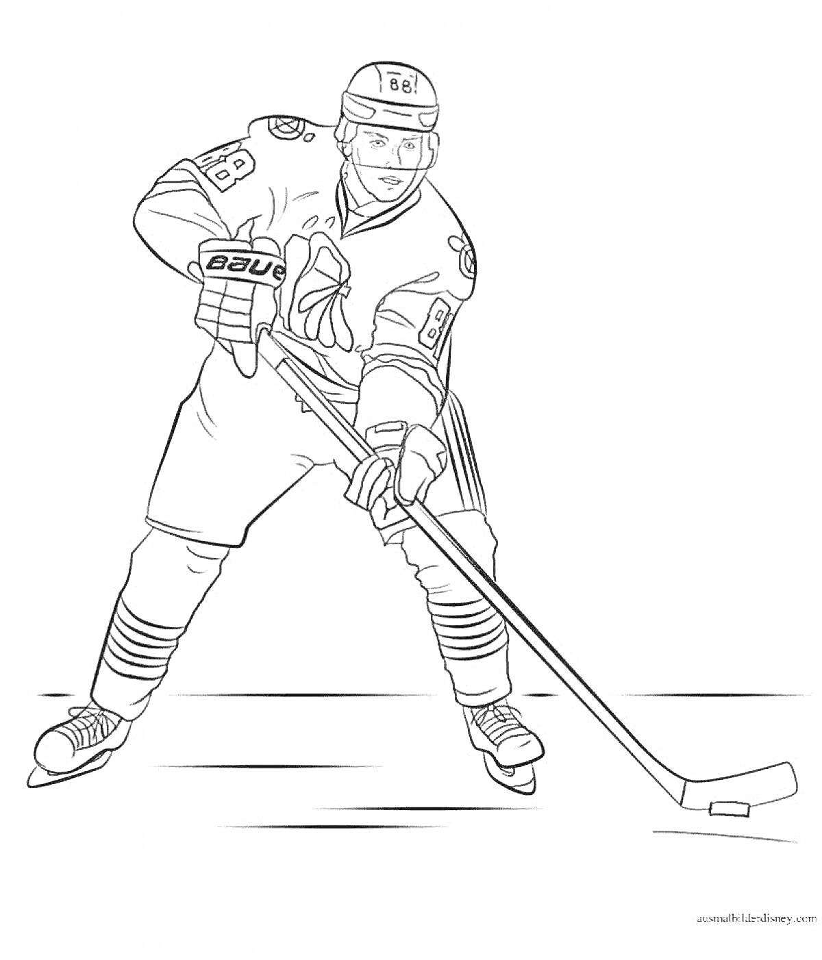 Раскраска Хоккеист в форме с номером 88, держащий клюшку на льду