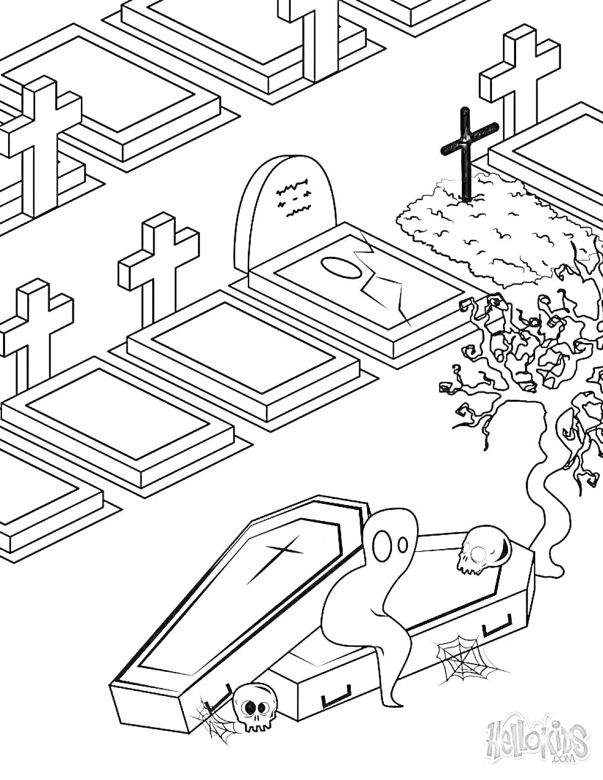 Раскраска кладбище с крестами, надгробиями, открытым гробом, привидением, черепом, деревом и паутиной